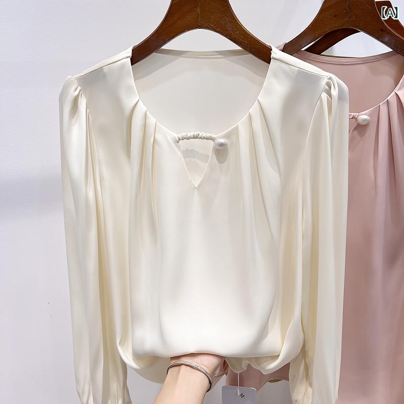 レディース ファッション 服 オシャレ カワイイ シンプル 大人カワイイ 大きいサイズ 春秋 ラウンドネック パール 無地 長袖 シフォン シャツ サテン トップス