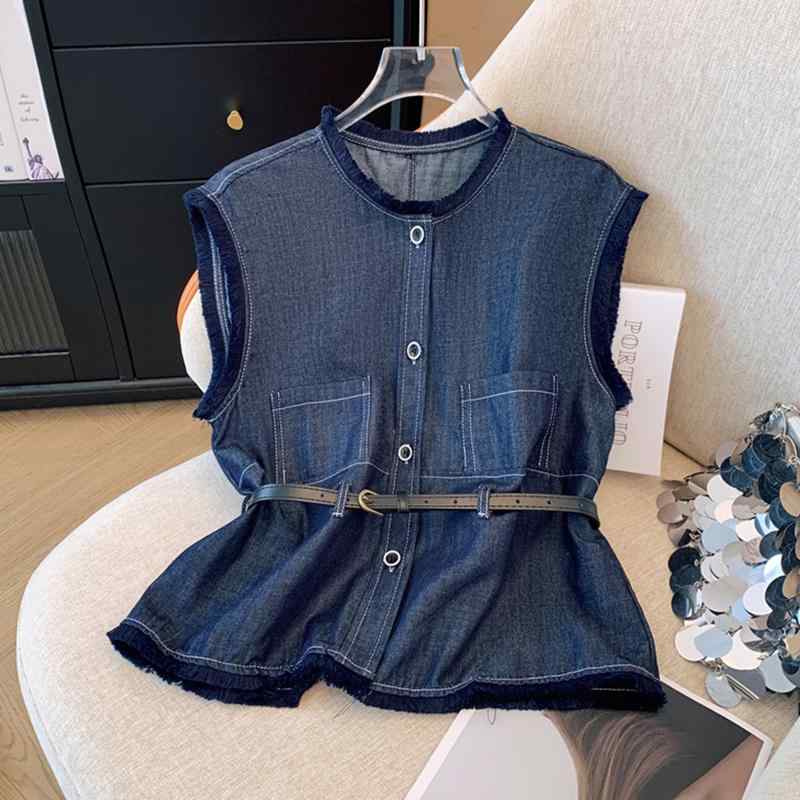 レディース ファッション 服 オシャレ カワイイ シンプル 大人カワイイ 大きいサイズ 秋 ロー エッジ ノースリーブ ウエスト デニム シャツ ベルト ジャケット トップス