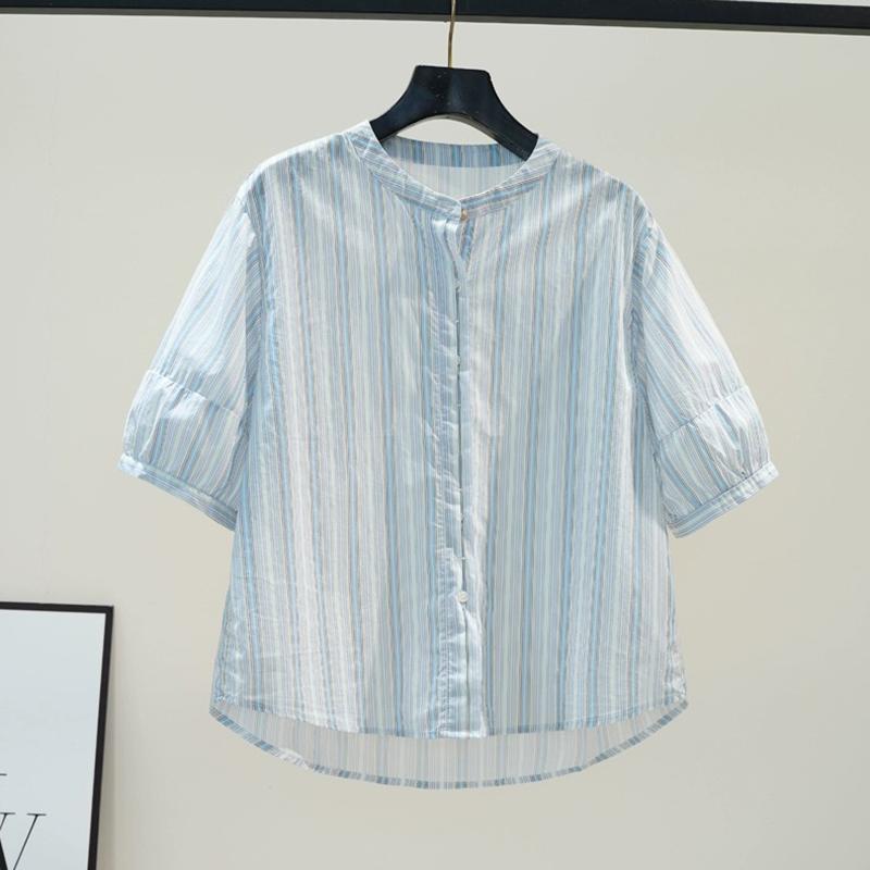 レディース ファッション 服 オシャレ カワイイ シンプル 大人カワイイ 大きいサイズ ラウンドネック トップス 秋 フレンチ ブルー ストライプ 半袖 シャツ