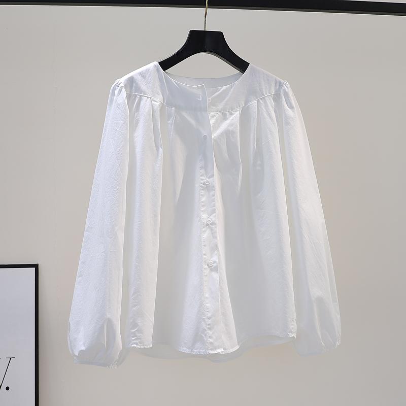 Long-Sleeved - レディース ファッション 服 オシャレ カワイイ シンプル 大人カワイイ 大きいサイズ カット オフ ラウンドネック 長袖 プリーツ コットン シャツ トップス