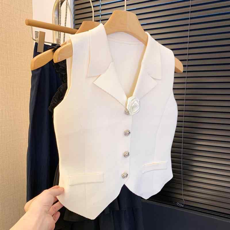 Rakuten - レディース ファッション 服 オシャレ カワイイ シンプル 大人カワイイ 大きいサイズ フレンチ Vネック スーツ ベスト ハイエンド 立体 花 ボタン ベストノースリーブ トップス