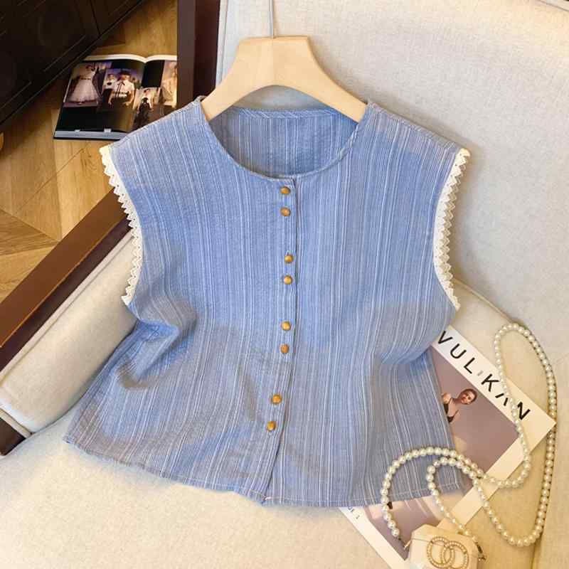 レディース ファッション 服 オシャレ カワイイ シンプル 大人カワイイ 大きいサイズ 秋 フレンチ ストライプ ノースリーブ シャツ スタイリッシュ ブレスト レース シック トップス