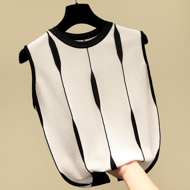 レディース ファッション 服 オシャレ カワイイ シンプル 大人カワイイ 大きいサイズ ストライプ アウター 薄手 ノースリーブ ニット トップス