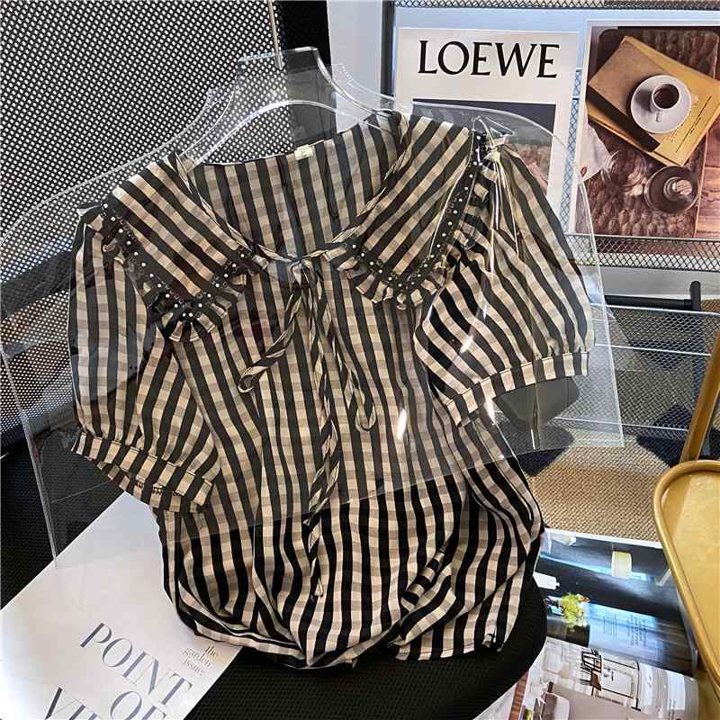 レディース ファッション 服 オシャレ カワイイ シンプル 大人カワイイ 大きいサイズ 秋 ストライプ チェック柄 半袖 シャツ トップス(4.0)