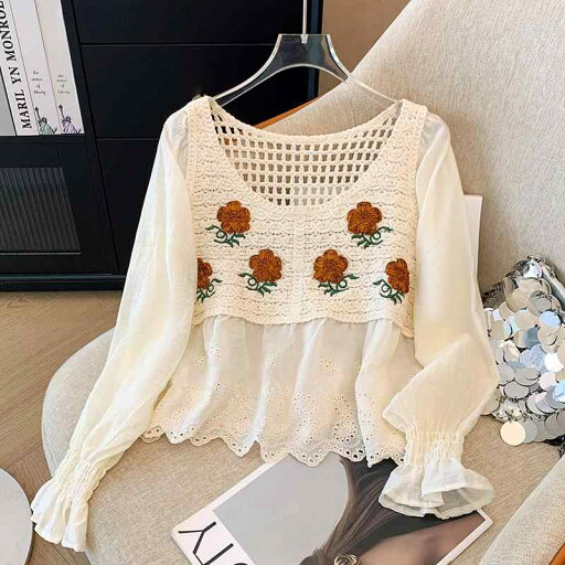 レディース ファッション 服 オシャレ カワイイ シンプル 大人カワイイ 大きいサイズ 秋 ニット シフォン シャツ フレンチ U ネック 長袖 シック ベルスリーブ パッチワークトップ レディース ファッション 服 オシャレ カワイイ シンプル 大人カワイイ 大きいサイズ 秋 ニット シフォン シャツ フレンチ U ネック 長袖 シック ベルスリーブ パッチワークトップ