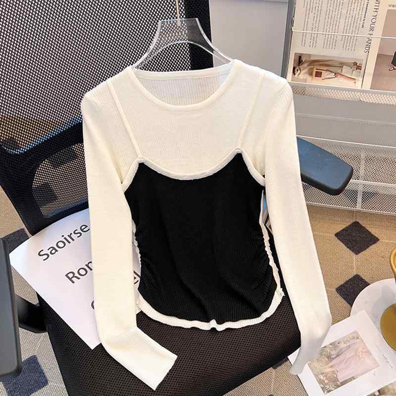 レディース ファッション 服 オシャレ カワイイ シンプル 大人カワイイ 大きいサイズ フェイク ツーピース スリング カラー セーター 秋 長袖 シャツ