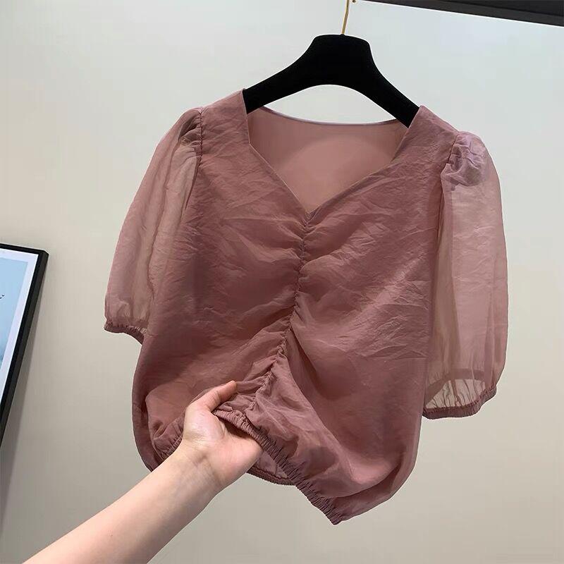 Rakuten - レディース ファッション 服 オシャレ カワイイ シンプル 大人カワイイ 大きいサイズ 秋 Vネック シフォン シャツ 半袖 プリーツ トップス