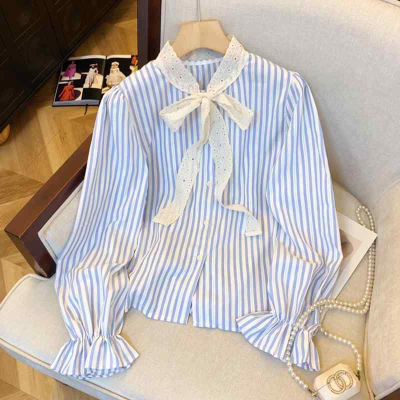 レディース ファッション 服 オシャレ カワイイ シンプル 大人カワイイ 大きいサイズ 秋 縦 ストライプ レース ストラップ シャツ