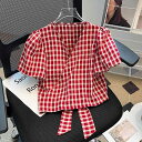 レディース ファッション 服 オシャレ カワイイ シンプル 大人カワイイ 大きいサイズ チェック柄 Vネック レースアップ ワンピース パフスリーブ シャツ 秋 ウエスト トップス