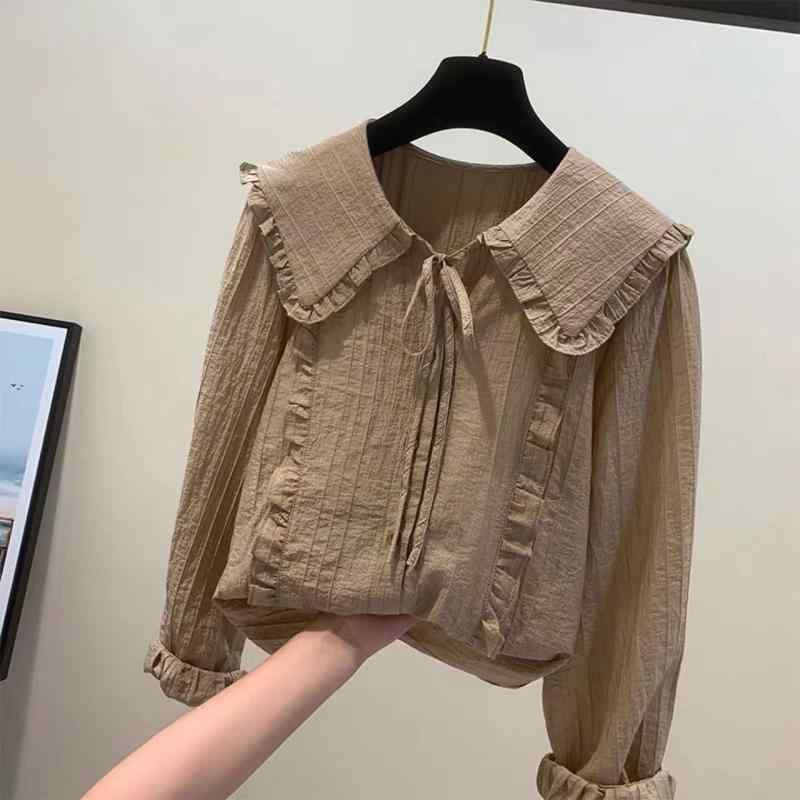 レディース ファッション 服 オシャレ カワイイ シンプル 大人カワイイ 大きいサイズ 春秋 フレンチ ドール 襟 エッジ レースアップ 長袖 シャツ トップス