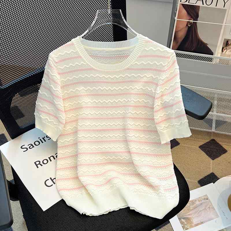 レディース ファッション 服 オシャレ カワイイ シンプル 大人カワイイ 大きいサイズ 秋 ラウンドネック ストライプ 半袖 ニット T シャツ トップス