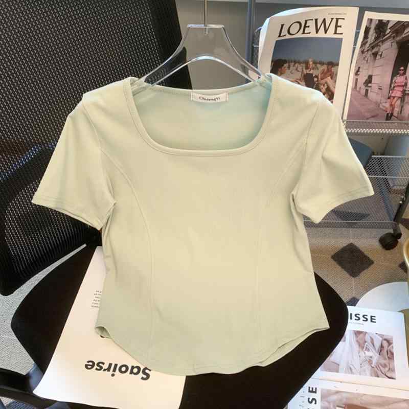 レディース ファッション 服 オシャレ カワイイ シンプル 大人カワイイ 大きいサイズ 秋 フレンチスクエア 襟 スリム 半袖 T シャツ スリム トップス