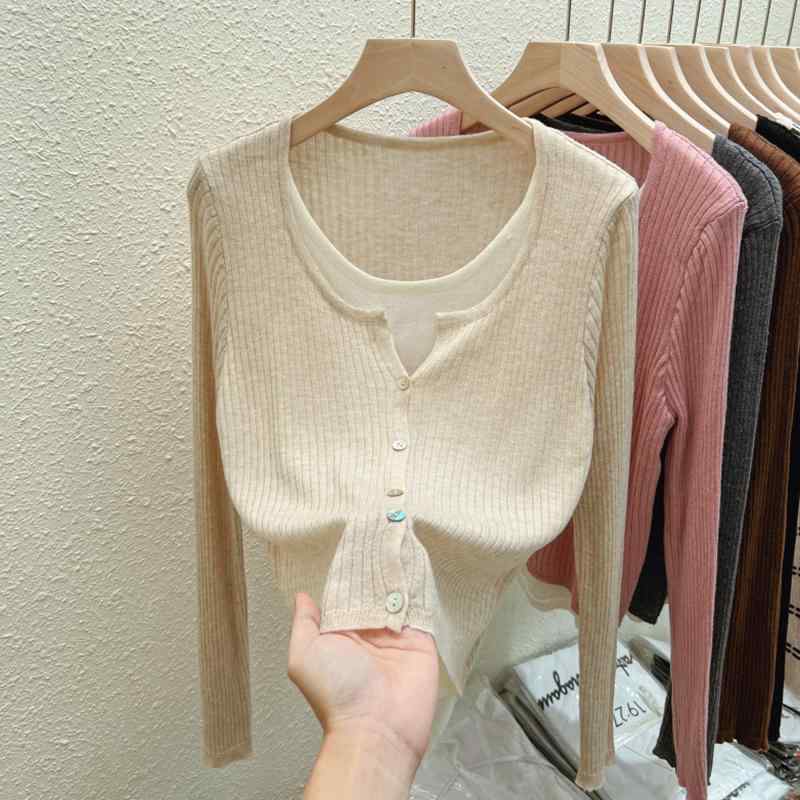 乐天商城 - レディース ファッション 服 オシャレ カワイイ シンプル 大人カワイイ 大きいサイズ フェイク ツーピース 長袖 ニットカーディガン 秋 インナー シャツ セーター