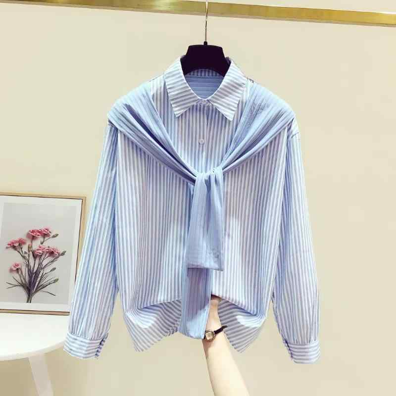 乐天商城 - レディース ファッション 服 オシャレ カワイイ シンプル 大人カワイイ 大きいサイズ ストライプ ショール フェイク ツーピース 長袖 シャツ