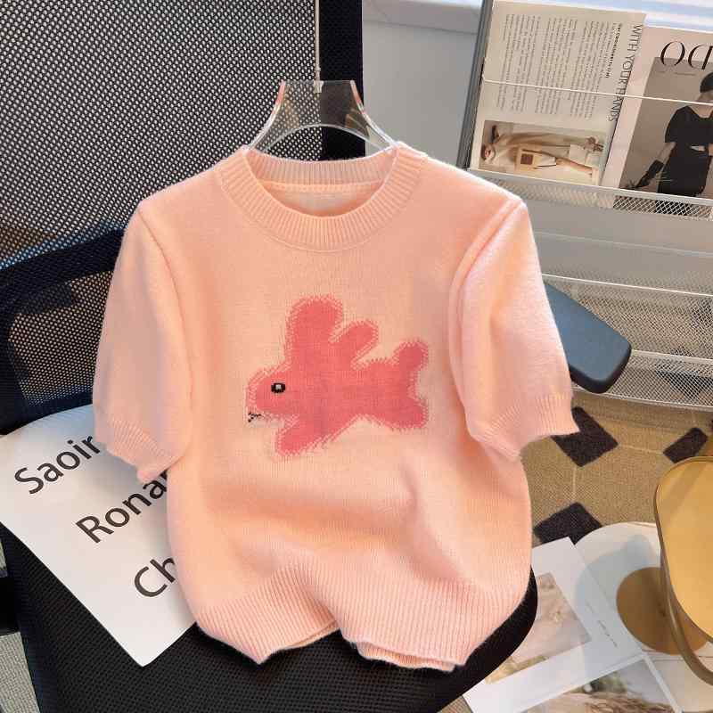 レディース ファッション 服 オシャレ カワイイ シンプル 大人カワイイ 大きいサイズ 秋 ウサギ ジャカード 半袖 セーター T シャツ トップス