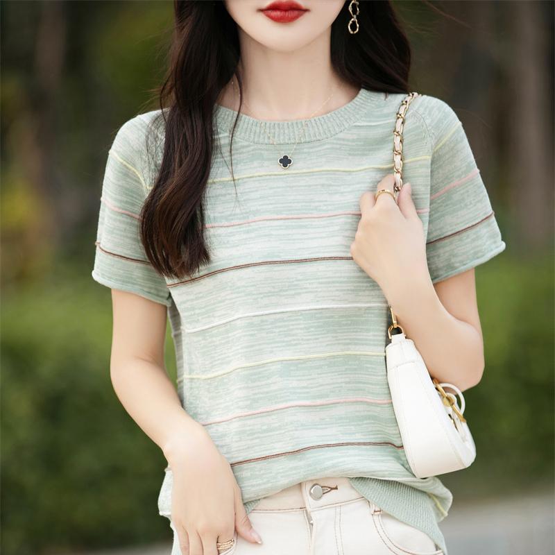 レディース ファッション 服 オシャレ カワイイ シンプル 大人カワイイ 大きいサイズ 綿 ストライプ ニット 半袖 T シャツ フレッシュ エレガント アウター トップス