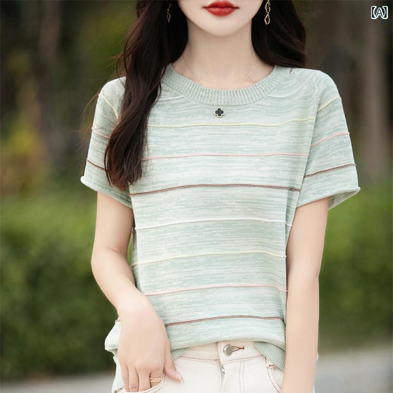 レディース ファッション 服 オシャレ カワイイ シンプル 大人カワイイ 大きいサイズ 綿 ストライプ ニット 半袖 T シャツ フレッシュ エレガント アウター トップス