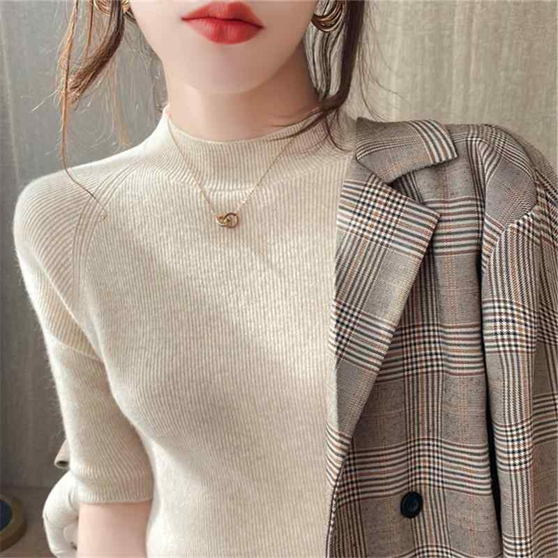 Rakuten - レディース ファッション 服 オシャレ カワイイ シンプル 大人カワイイ 大きいサイズ シャツ T スリムフィット ハーフ タートルネック ミッド スリーブ ニット カラー トップス