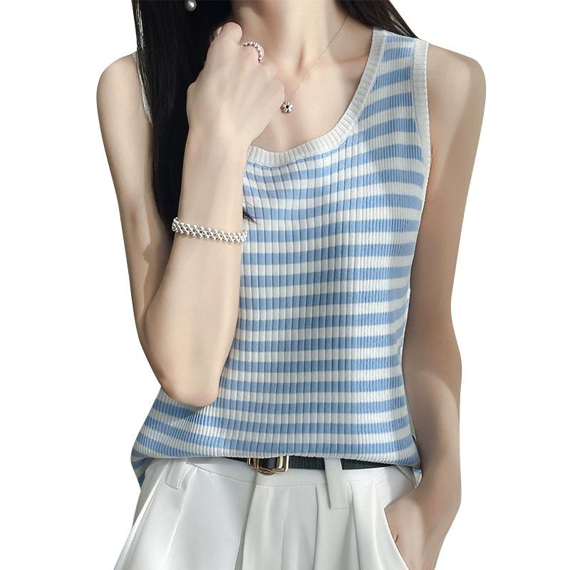 レディース ファッション 服 オシャレ カワイイ シンプル 大人カワイイ 大きいサイズ インナー ニット ベスト 秋 アウター バック ストライプ トップス ガール ノースリーブ レイヤリング シャツ