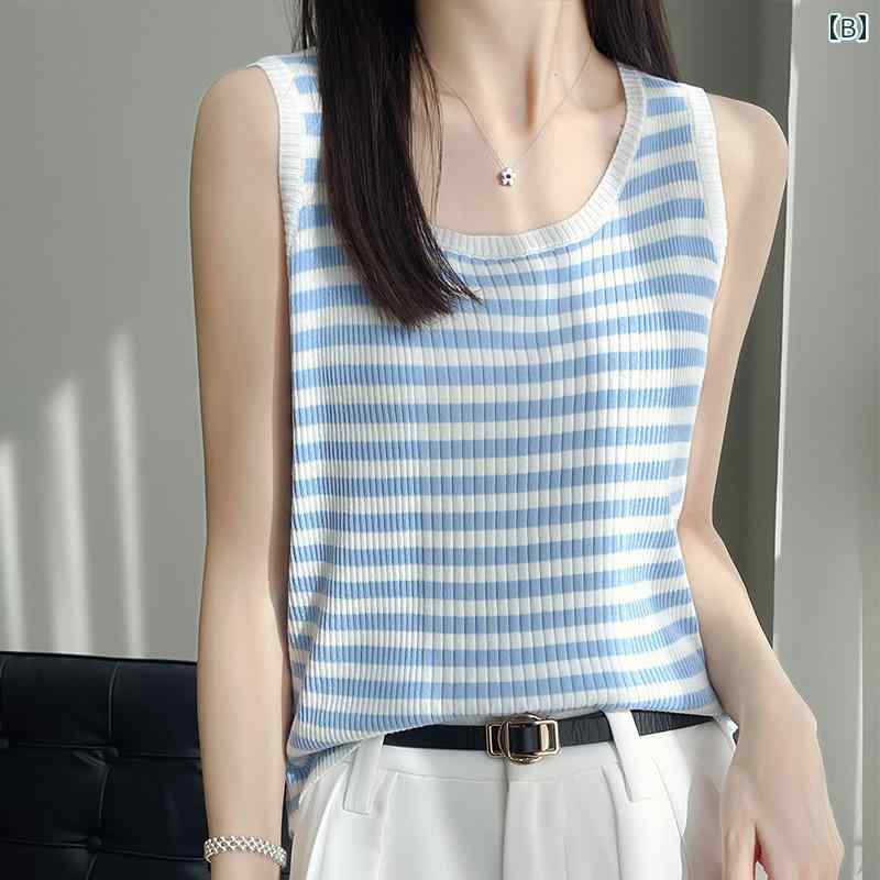 レディース ファッション 服 オシャレ カワイイ シンプル 大人カワイイ 大きいサイズ インナー ニット ベスト 秋 アウター バック ストライプ トップス ガール ノースリーブ レイヤリング シャツ