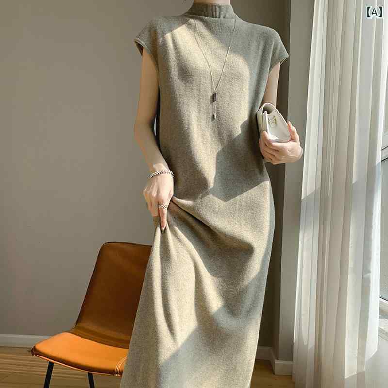 リコットのレディース ファッション 服 オシャレ カワイイ シンプル 大人カワイイ 大きいサイズ 秋冬 ミドル丈 ハーフ タートルネックセーター 無地 半袖 ニット ドレス ゆったり インナー レイヤリング セーター｜アングル2