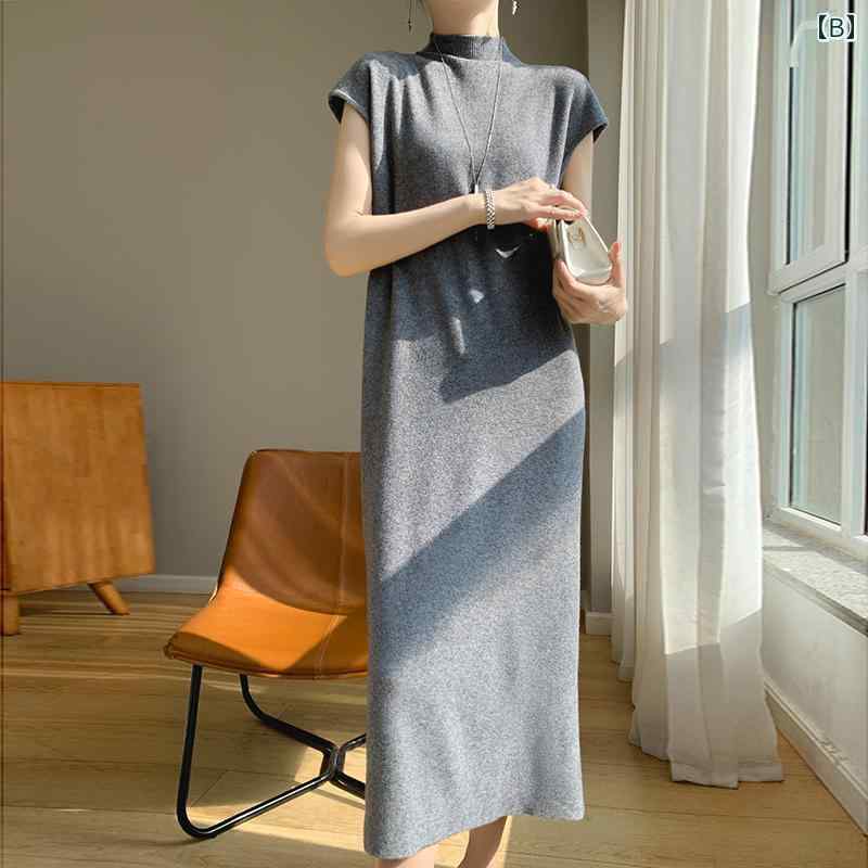 リコットのレディース ファッション 服 オシャレ カワイイ シンプル 大人カワイイ 大きいサイズ 秋冬 ミドル丈 ハーフ タートルネックセーター 無地 半袖 ニット ドレス ゆったり インナー レイヤリング セーター｜アングル3