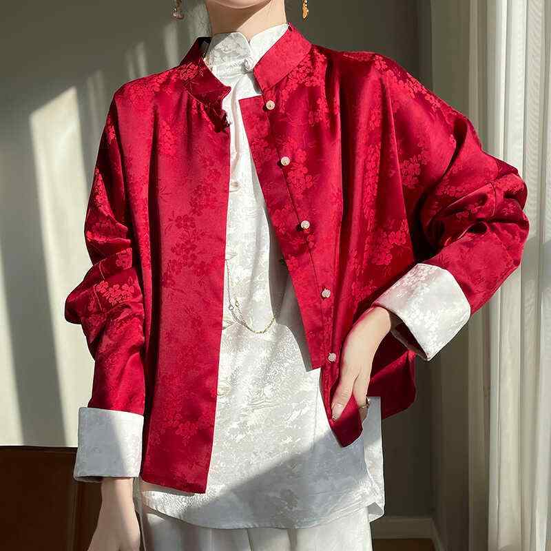 レディース ファッション 服 オシャレ カワイイ シンプル 大人カワイイ 大きいサイズ 春秋 シャツ トップス ハイエンド 西洋 ジャカード サテン 黒 白