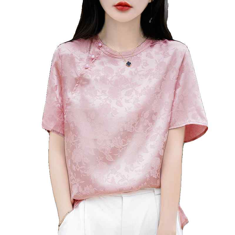 Rakuten - レディース ファッション 服 オシャレ カワイイ シンプル 大人カワイイ 大きいサイズ エスニック 半袖 T シャツ 秋 薄手 ジャカード アセテート サテン トップス