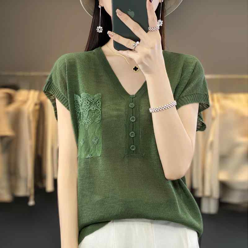レディース ファッション 服 オシャレ カワイイ シンプル 大人カワイイ 大きいサイズ Vネック アイス リネン 半袖 T シャツ 秋 薄手 ポケット セーター スリム トップス