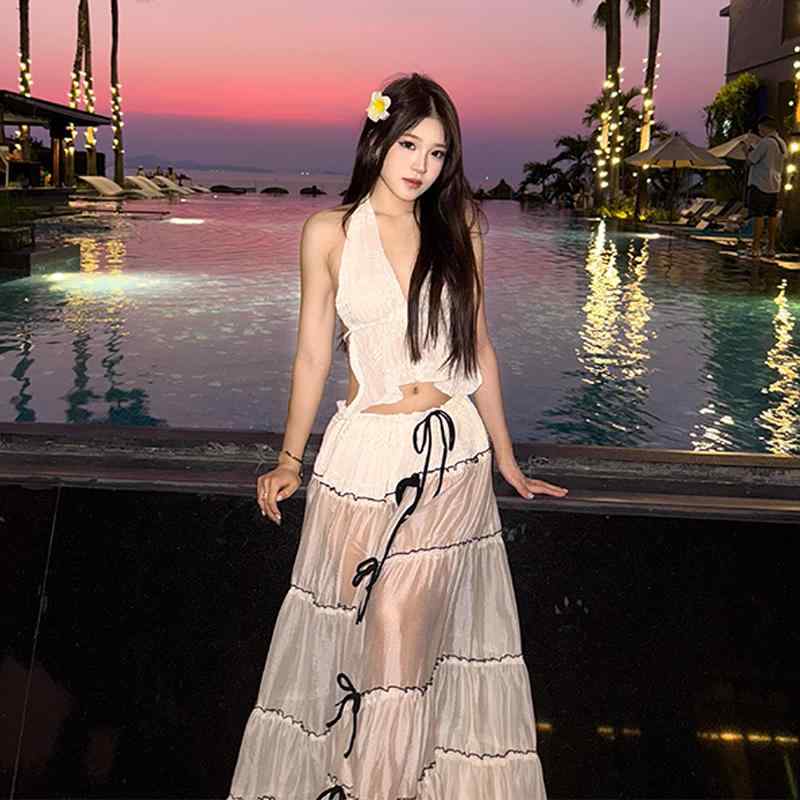 春 コーデ レディース ファッション オシャレ カワイイ シンプル きれいめ ナチュラル 上品カジュアル 婦人服 フェアリー 海辺 ドレス ロング スカート ツーピース スーツ