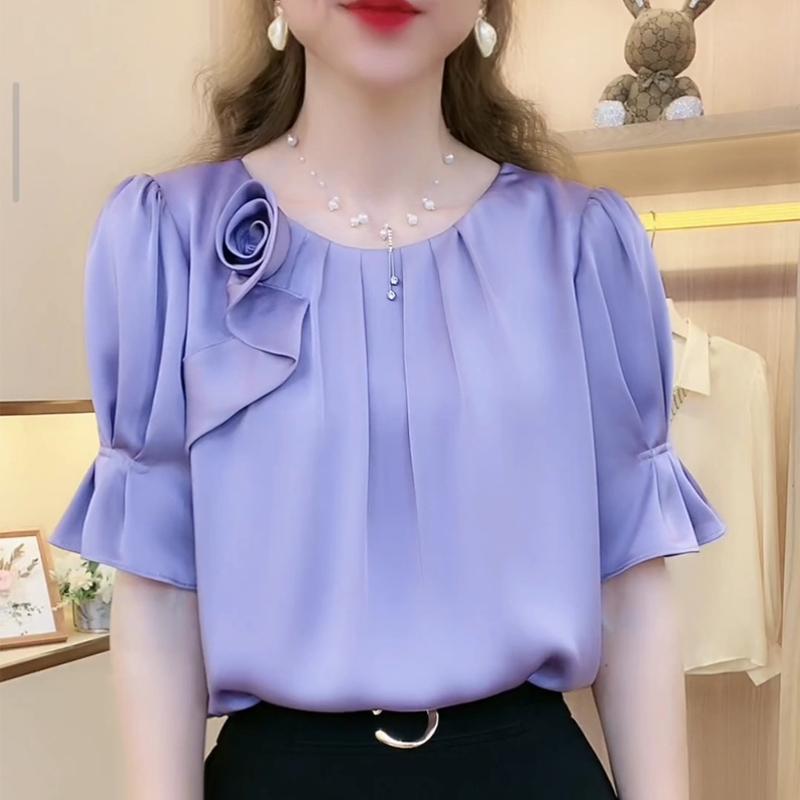 春 コーデ レディース ファッション オシャレ カワイイ シンプル きれいめ ナチュラル 上品カジュアル 婦人服 ハイエンド 立体 花 フリル 半袖 シャツ 夏 トップス