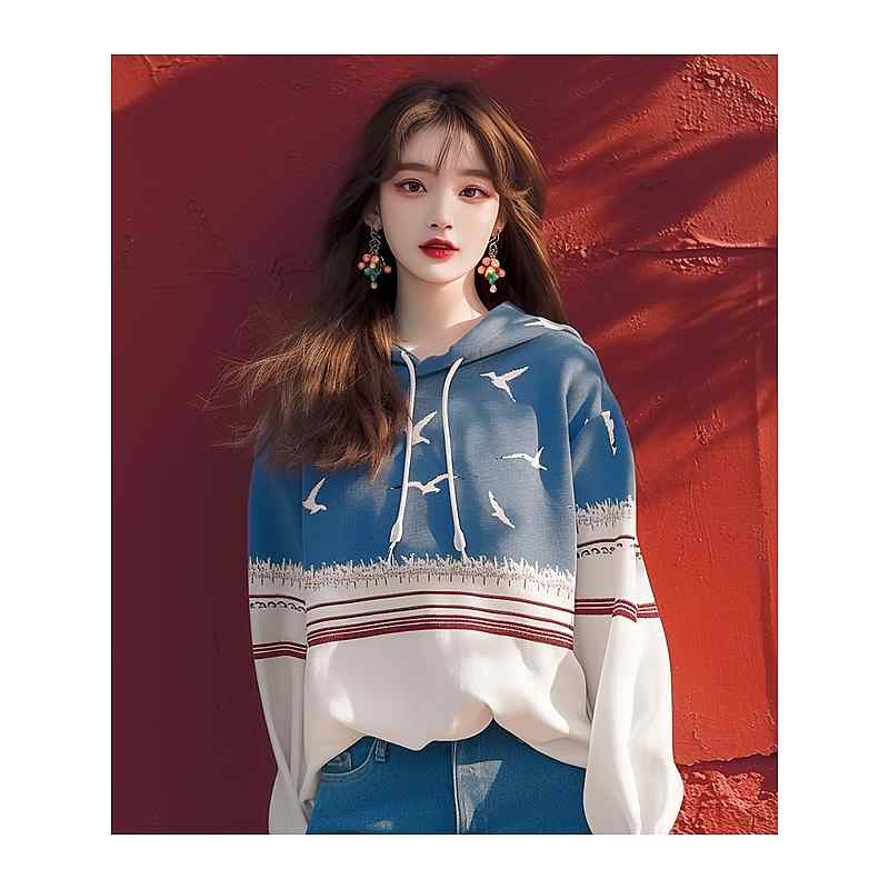 Rakuten - レディース ファッション 服 オシャレ カワイイ シンプル 大人カワイイ 大きいサイズ 秋 トップス 韓国 スタイル ブルーステッチ プリント フード付き スウェット シャツ