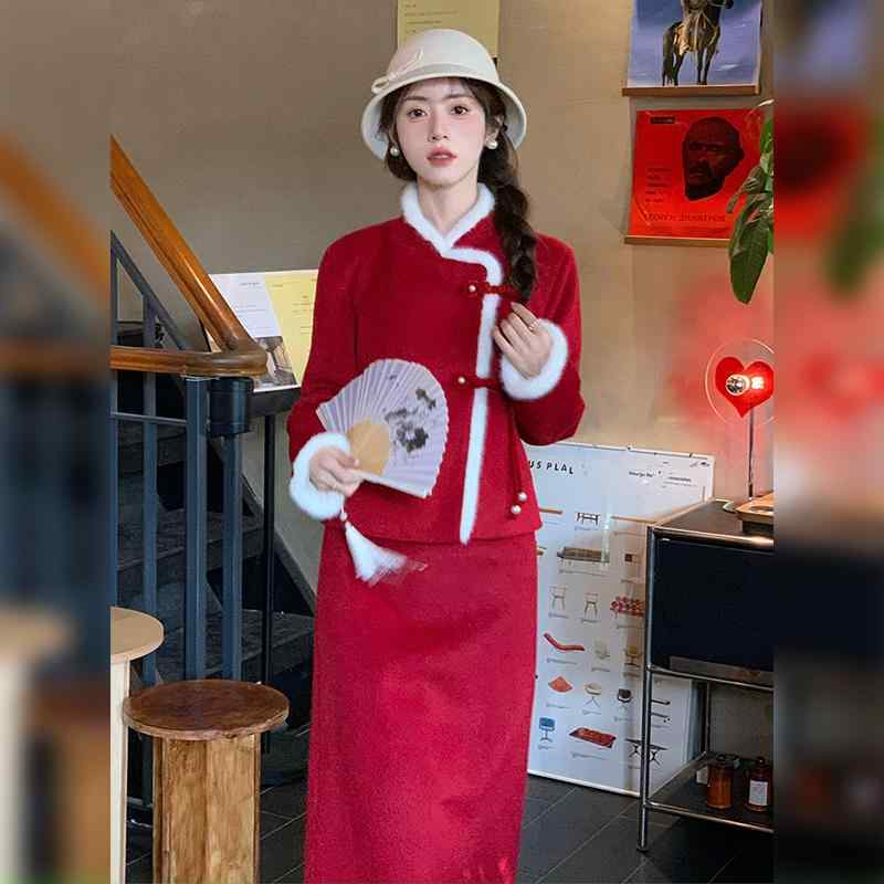 レディース ファッション 服 オシャレ カワイイ シンプル 大人カワイイ 大きいサイズ ハイエンド ボタン ジャケット 赤 スーツ セット 秋冬服