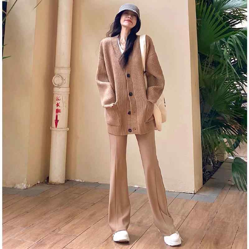 レディース ファッション 服 オシャレ カワイイ シンプル 大人カワイイ 大きいサイズ 韓国 スタイル 衣装 Vネック ニット セーター カーディガン コート ワイド パンツ スーツ(4)