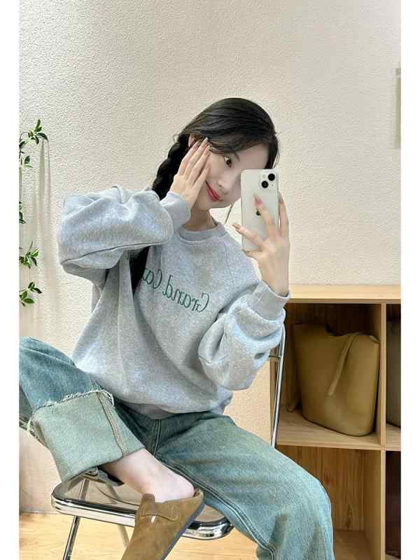乐天商城 - レディース ファッション 服 オシャレ カワイイ シンプル 大人カワイイ 大きいサイズ グレー ラウンドネック スウェット シャツ アメリカン プリント トップス