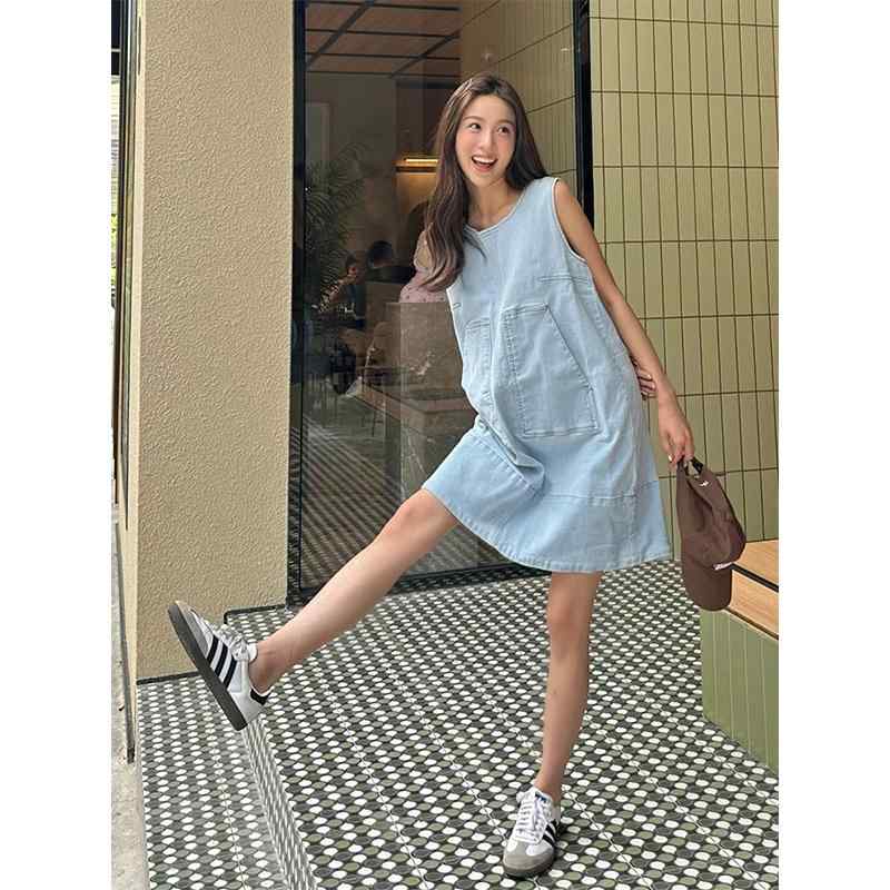 レディース ファッション 服 オシャレ カワイイ シンプル 大人カワイイ 大きいサイズ ハイエンド フレンチ 威厳 ブルー ベスト デニム ドレス ポケット スカート