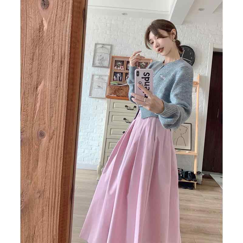 レディース ファッション 服 オシャレ カワイイ シンプル 大人カワイイ 大きいサイズ 秋 ストリート グレー ニット トップス ハーフ スカート スーツ