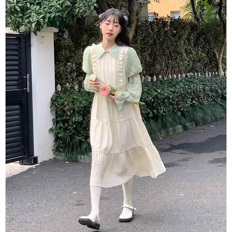 レディース ファッション 服 オシャレ カワイイ シンプル 大人カワイイ 大きいサイズ 春 ハイエンド キキョウ フレンチブルー ステッチ フェイク ツーピース ドレス