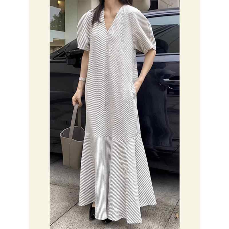 レディース ファッション 服 オシャレ カワイイ シンプル 大人カワイイ 大きいサイズ ハイエンド フレンチ ゆったり スリム カバー Vネック ストライプ シャツ 海辺 バカンス バケーション ドレス 秋