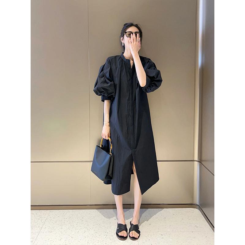 レディース ファッション 服 オシャレ カワイイ シンプル 大人カワイイ 大きいサイズ フレンチ ハイエンド カジュアル スリム 秋 黒 シャツ パフスリーブドレス