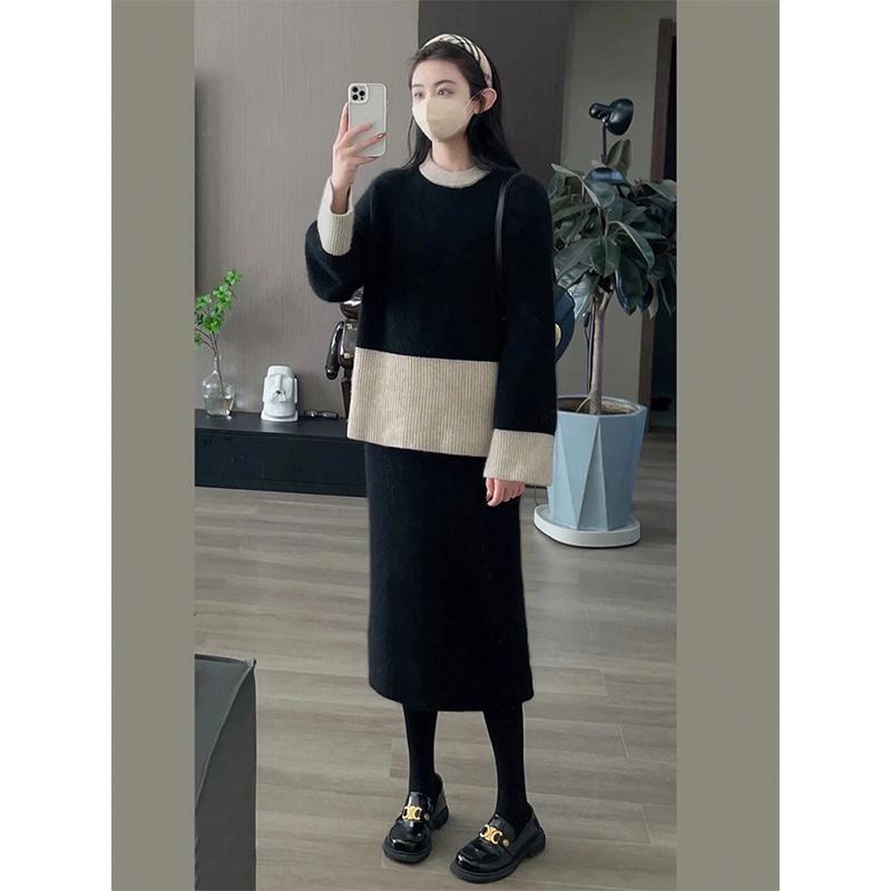 レディース ファッション 服 オシャレ カワイイ シンプル 大人カワイイ 大きいサイズ スーツ ハイエンド 秋服装 黒 ニット トップス スカート セット