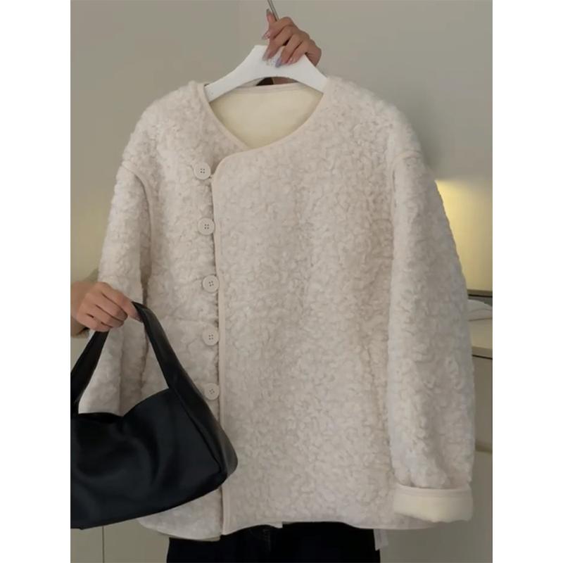 レディース ファッション 服 オシャレ カワイイ シンプル 大人カワイイ 大きいサイズ 韓国 スタイル ベルベット 厚手 白 チェック柄 ラムウール コート 秋冬