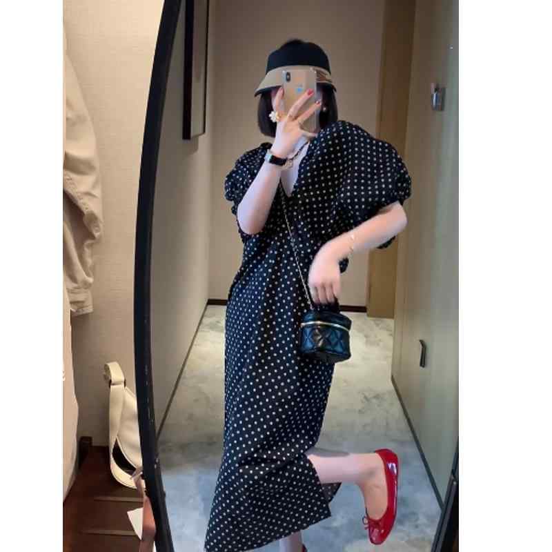 レディース ファッション 服 オシャレ カワイイ シンプル 大人カワイイ 大きいサイズ ハイエンド カジュアル スタイリッシュ スリム ブラック パフスリーブ 花柄 Vネック ドレス 秋