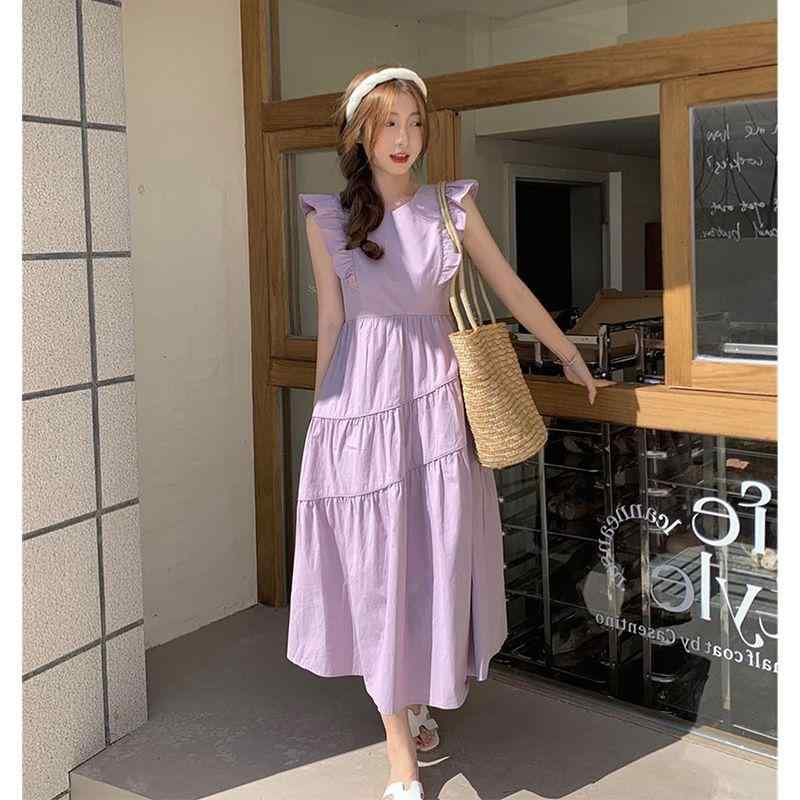レディース ファッション 服 オシャレ カワイイ シンプル 大人カワイイ 大きいサイズ フレンチシック 紫色 フライング スリーブドレス 秋 ハイエンド ティーブレイク ドレス