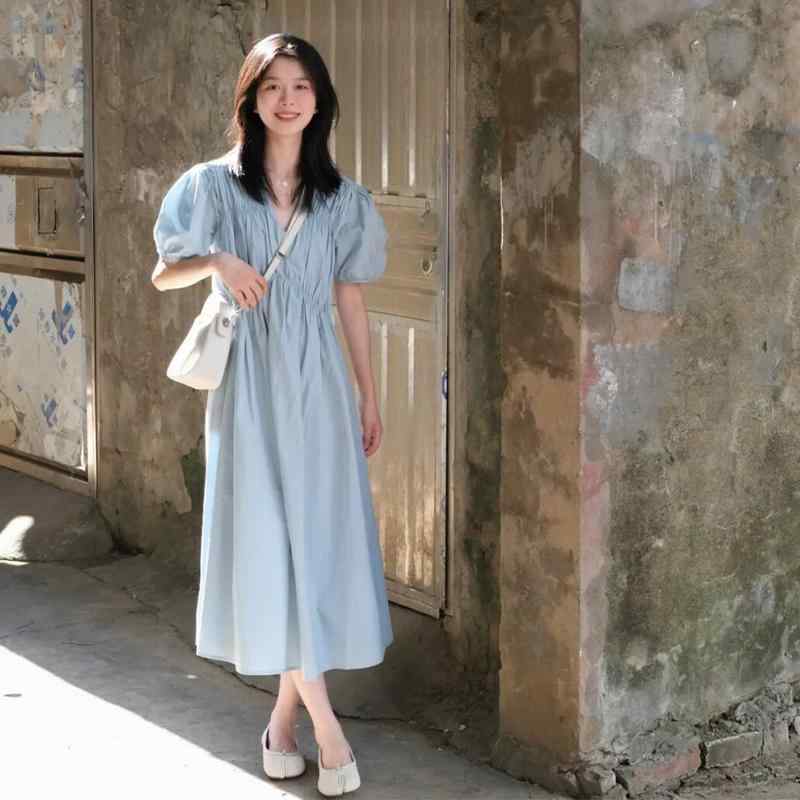 Other - レディース ファッション 服 オシャレ カワイイ シンプル 大人カワイイ 大きいサイズ スタイル フレンチカジュアル ブルー Vネック ドレス 秋 ハイエンド シック スカート