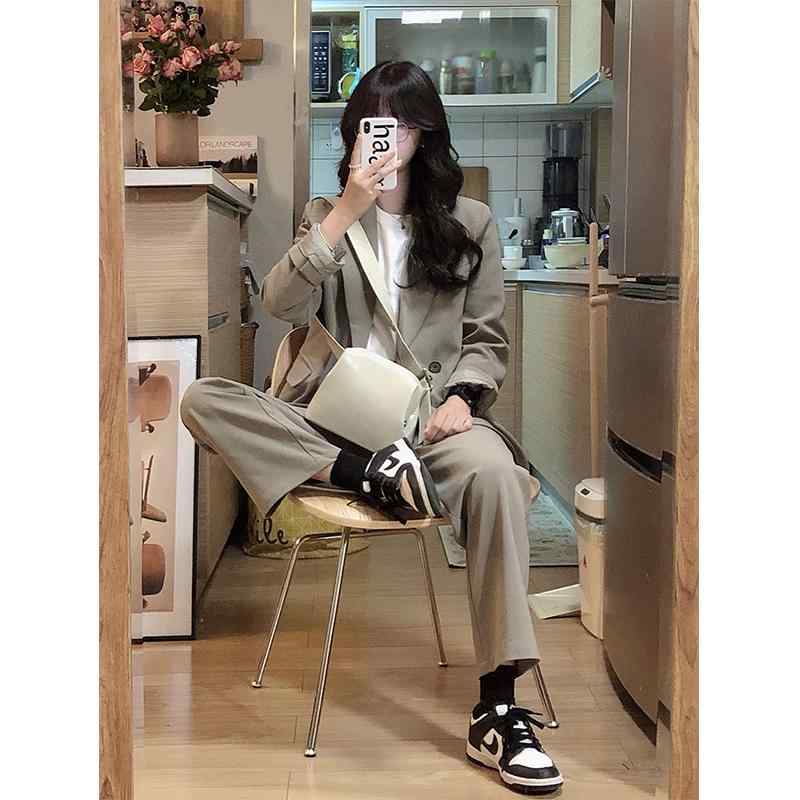 レディース ファッション 服 オシャレ カワイイ シンプル 大人カワイイ 大きいサイズ ハイエンド カジュアル グレー グリーン スーツ ワイド レッグ パンツ 秋 ツーピース