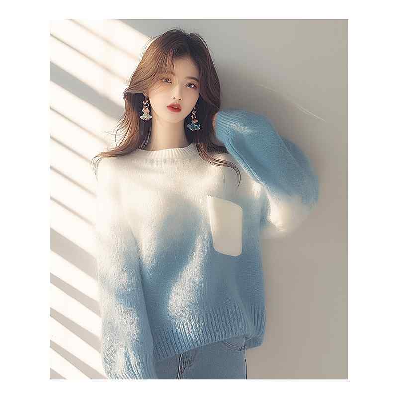 レディース ファッション 服 オシャレ カワイイ シンプル 大人カワイイ 大きいサイズ セーター 韓国 スタイル ゆったり スリム ハイエンド ブルーグラデーション ニット
