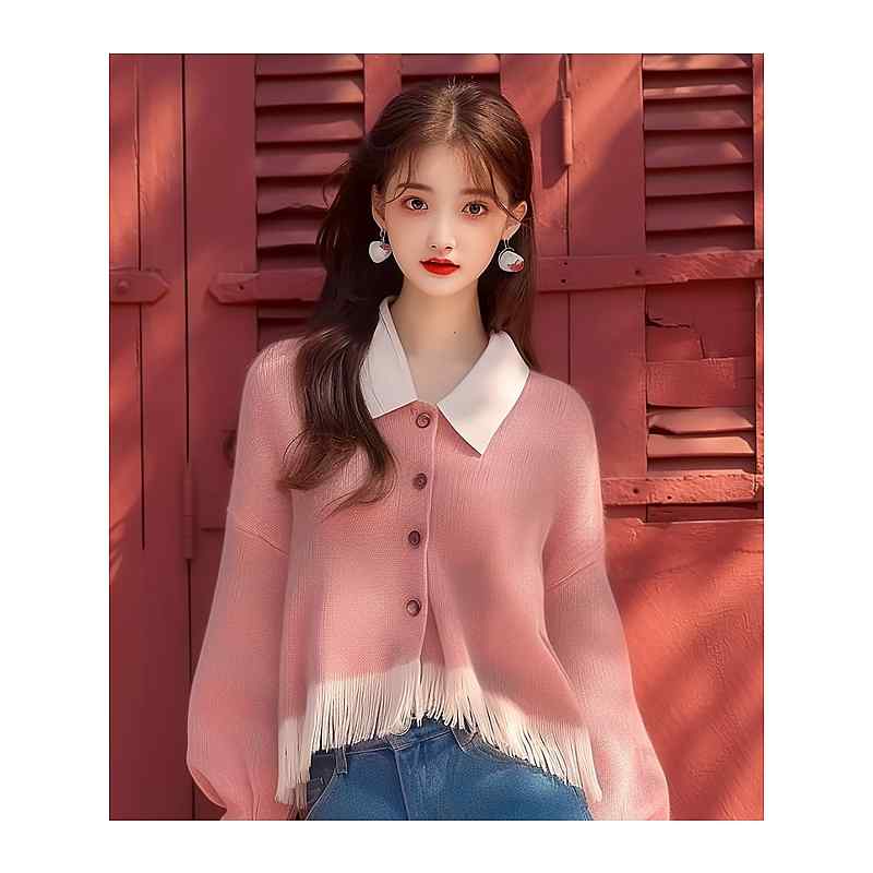 レディース ファッション 服 オシャレ カワイイ シンプル 大人カワイイ 大きいサイズ セーター 韓国 スタイル スタイリッシュ スリム ピンク タッセル ニットカーディガン