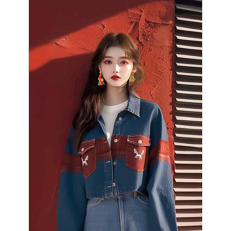 レディース ファッション 服 オシャレ カワイイ シンプル 大人カワイイ 大きいサイズ 秋 韓国 スタイル クール ブルーステッチ プリント ジャケット