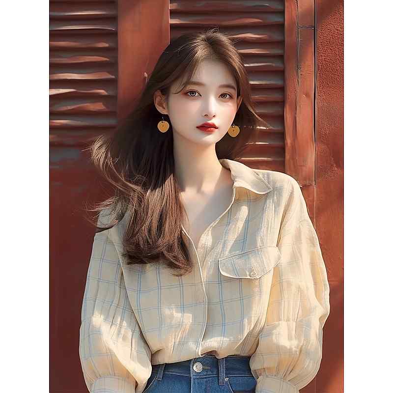 レディース ファッション 服 オシャレ カワイイ シンプル 大人カワイイ 大きいサイズ 西洋 トップス 韓国 スタイル ゆったり 着痩せ ベージュ チェック柄 長袖 シャツ